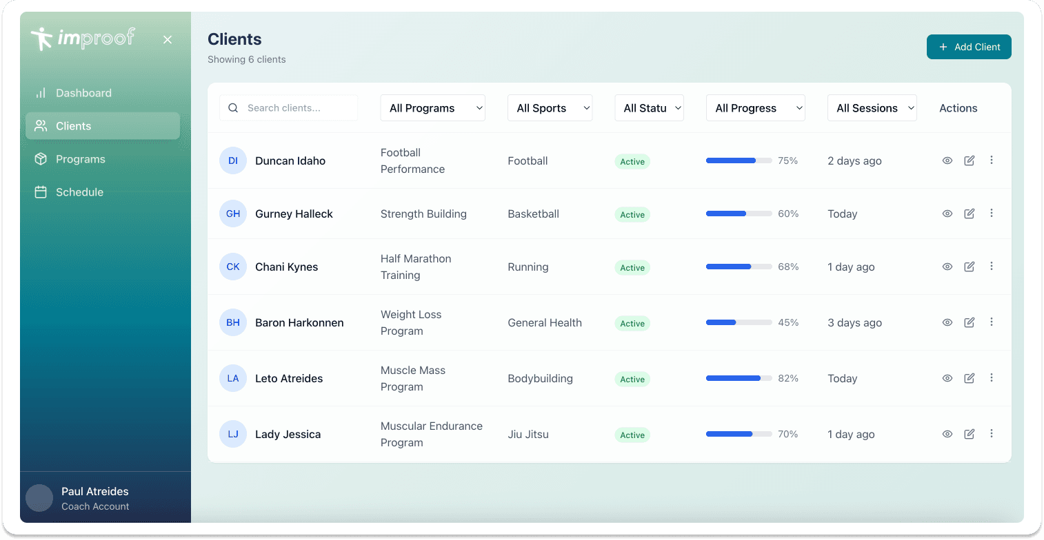 Improof client dashboard feature